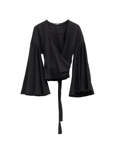 Jacquemus Wrap Cropped Flared-sleeve Top In Black