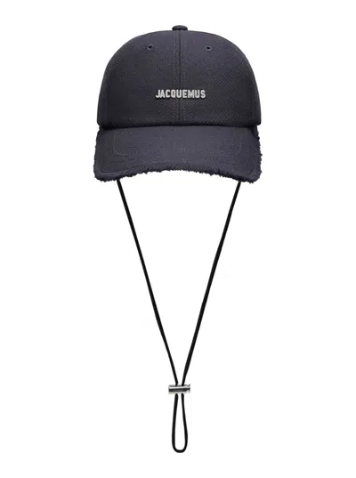 JACQUEMUS 'LA CASQUETTE ARTICHAU' BLUE BASEBALL CAP WITH ADJUSTABLE DRAWSTRING AND FRINGED HEM IN WOOL BLEND M