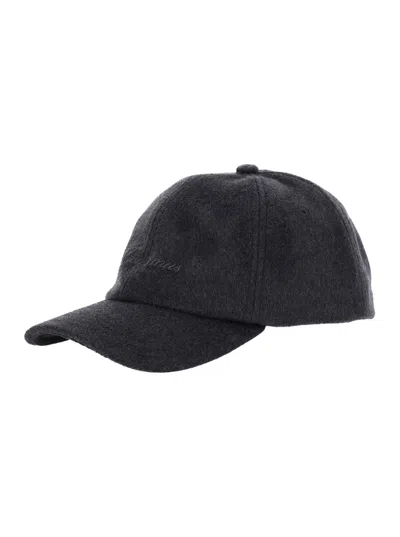 JACQUEMUS GREY BASEBALL CAP WITH LOGO LETTERING EMBROIDERY ON THE FRONT IN WOOL MAN