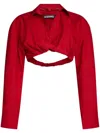 Jacquemus Cropped Cotton Poplin Shirt With Twist Detailing In Red