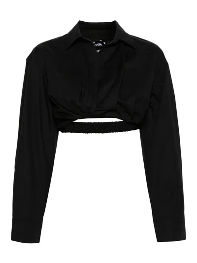 Jacquemus Machou Cropped Cotton And Linen-blend Canvas Shirt In Black