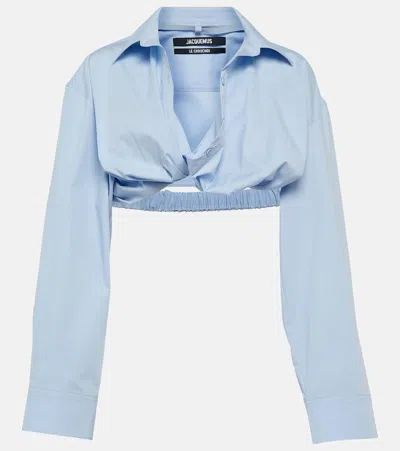 Jacquemus La Chemise Bahia Cotton-blend Cropped Top In Light Blue