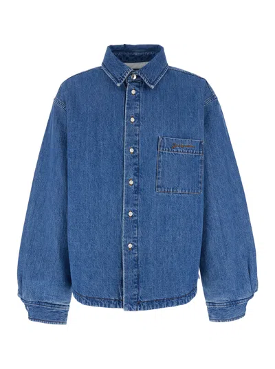 JACQUEMUS JACQUEMUS 'LA CHEMISE BOULANGER' BLUE JACKET WITH CLASSIC COLLAR AND LOGO EMBROIDERY ON THE FRONT IN
