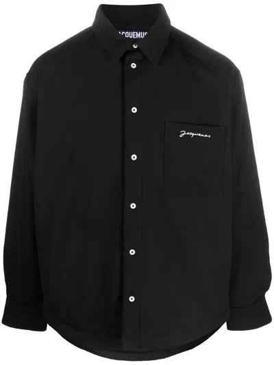 Jacquemus Virgin Wool Long-sleeve Shirt With Embroidered Logo In Black