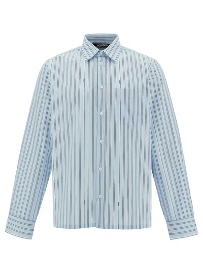Jacquemus La Chemise De Costume Light Blue Striped Shirt With Logo In Cotton Man In Blue/white
