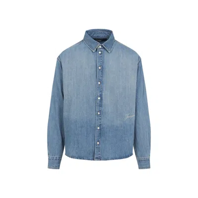 Jacquemus La Chemise De-nimes Simon With Embroidered Logo In Blue