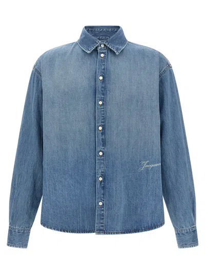 Jacquemus La Chemise De-nimes Simon With Embroidered Logo In Blue