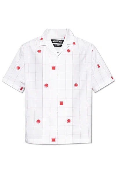 Jacquemus 'la Chemise Jean' White Shirt With Cuban Collar And All-over Logo Motif In Multicolor