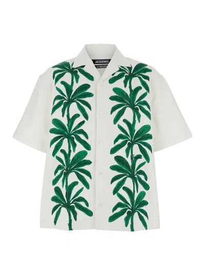 JACQUEMUS JACQUEMUS 'LA CHEMISE JEAN' MULTICOLOR SHIRT WITH NOTCHED COLLAR AND PALM PRINT ON THE FRONT IN COTT