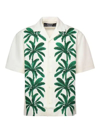 Jacquemus 'la Chemise Jean' Multicolor Shirt With Notched Collar And Palm Print On The Front In Green
