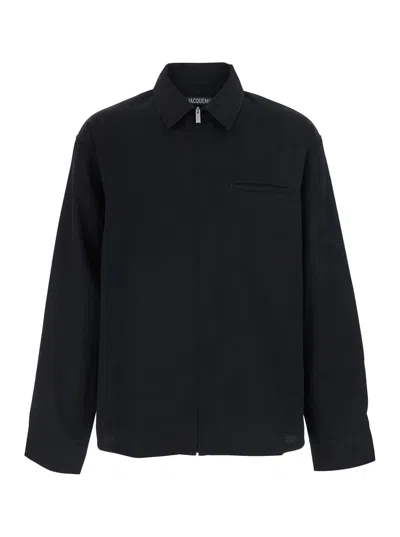 Jacquemus La Chemise Mecano Black Shirt With Zip Closure And Maxi Logo Lettering On The Back In Wool For Men
