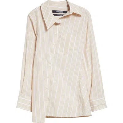 Jacquemus La Chemise Pablo In Jacquard Business Big Logo Stripes Beige/blanc Cassé