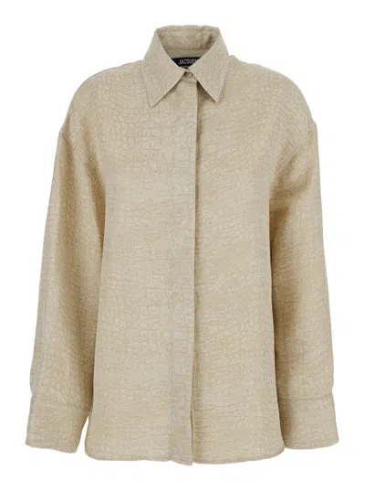 JACQUEMUS JACQUEMUS WOMEN 'LA CHEMISE PASADENA' BEIGE SHIRT WITH CLASSIC COLLAR AND DROPPED SHOULDERS IN LINEN