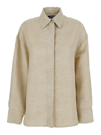 Jacquemus La Chemise Pasadena Beige Shirt With Classic Collar And Dropped Shoulders In Linen Blend Woman