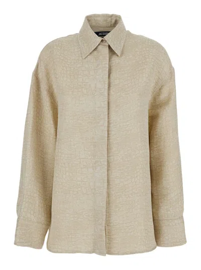 JACQUEMUS 'LA CHEMISE PASADENA' BEIGE SHIRT WITH CLASSIC COLLAR AND DROPPED SHOULDERS IN LINEN BLEND WOMAN