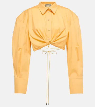 Jacquemus Plidao Cropped Embellished Cotton-blend Poplin Shirt In Light Yellow