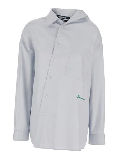 Jacquemus 'la Chemise Quadro' Grey Shirt With Embroidered Logo On The Front And Asymmetric Design