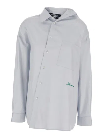 Jacquemus 'la Chemise Quadro' Grey Shirt With Embroidered Logo On The Front And Asymmetric Design In