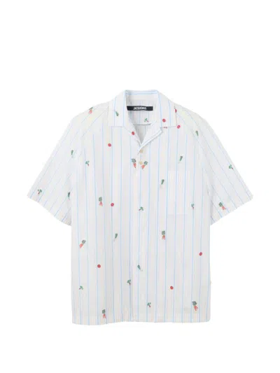 Jacquemus La Chemise Romarin Embroidered Striped Cotton-poplin Shirt In Blue