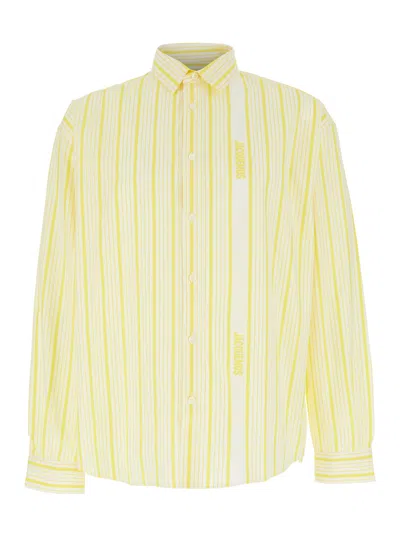 JACQUEMUS JACQUEMUS MEN 'LA CHEMISE SIMON' YELLOW SHIRT WITH CLASSIC COLLAR AND ALL-OVER STRIPED MOTIF IN COTT