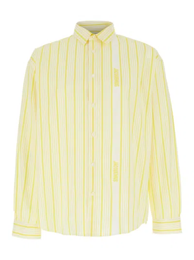Jacquemus La Chemise Simon Beige Shirt With Classic Collar And All-over Striped Motif In Cotton Man