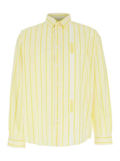 Jacquemus 'la Chemise Simon' Yellow Shirt With Classic Collar And All-over Striped Motif In Yellow/white