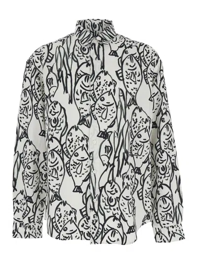 JACQUEMUS JACQUEMUS MEN 'LA CHEMISE SIMON' WHITE SHIRT WITH ALL-OVER PRINTED MOTIF IN LINEN AND VISCOSE BLEND 