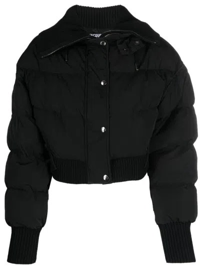 Jacquemus Caraco Layered Ribbed-knit And Quilted Shell Jacket In Black