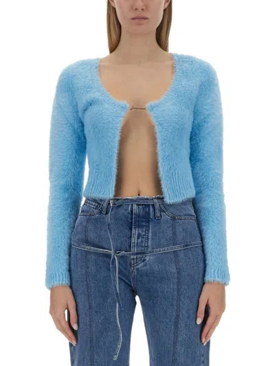 Jacquemus La Maille Logo-charm Cropped Knitted Cardigan In Blue