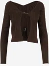 Jacquemus 'la Maille Pralu Longue' Brown Ribbed Cardigan With Logo Charm In Viscose Woman In Brown