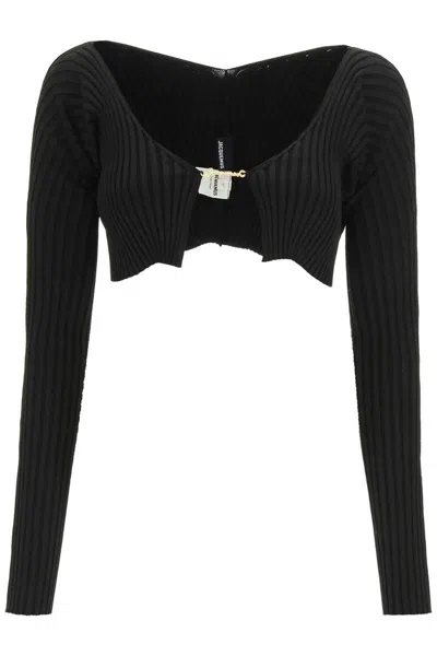 Jacquemus 'la Maille Pralù' Black Cropped Cardigan With Golden Logo In Stretch Viscose Woman