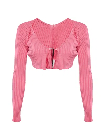 Pre-owned Jacquemus La Maille Pralù Rib-knit Cropped Cardigan In 粉色