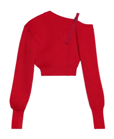 Jacquemus La Maille Seville Asymmetric Ribbed Pullover In Red