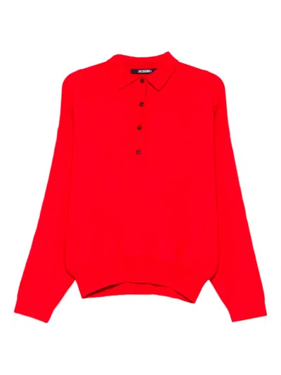 Jacquemus Pallone Vareuse-style Knit Polo Sweater In Red