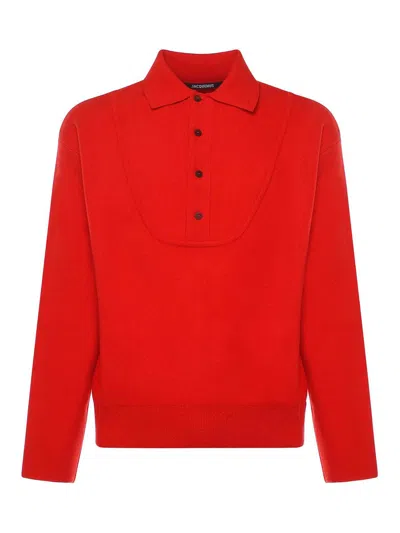Jacquemus Pallone Vareuse-style Knit Polo Sweater In Red