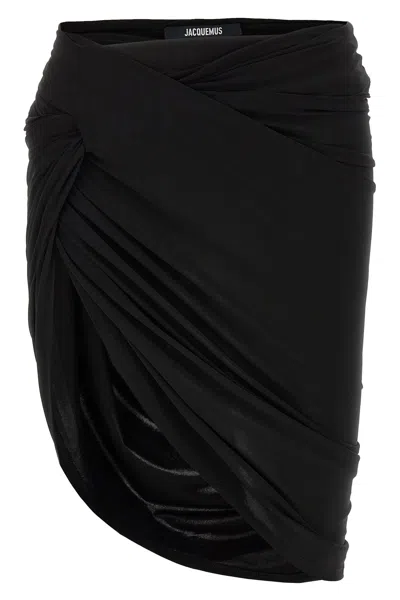 Jacquemus Draped High-waisted Asymmetric Ruched Skirt In Black