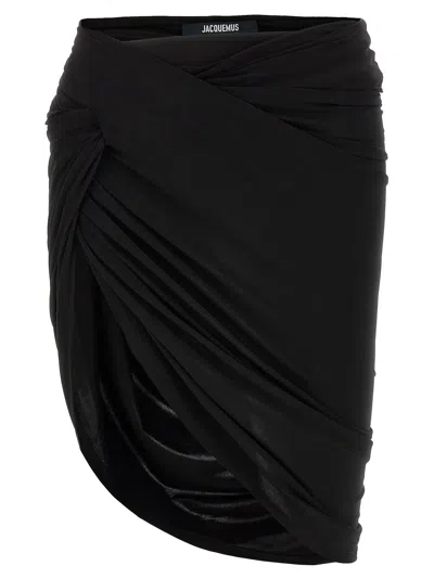 Jacquemus Draped High-waisted Asymmetric Ruched Skirt In Black