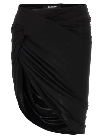 Jacquemus Draped High-waisted Asymmetric Ruched Skirt In Black