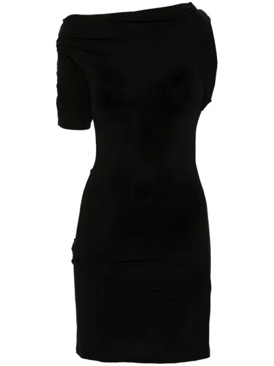 Jacquemus La Mini Robe Drapeado Blue One-shoulder Mini Dress With Ruched Details In Viscose Blend Stretch Woma In Black