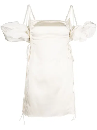 Jacquemus Satin Puff Sleeve Dress In Beige