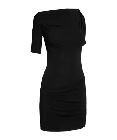 Jacquemus Asymmetrical One-shoulder Bodycon Mini Dress With Ruched Sleeve In Black