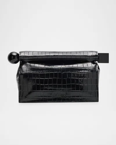 Jacquemus La Pochette Rond Croc-embossed Clutch Bag In Black