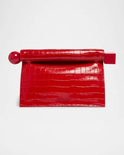 Jacquemus La Pochette Rond Croc-embossed Clutch Bag In Red