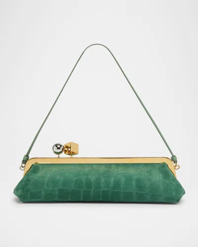 Jacquemus La Pochette Salon Suede Croc-embossed Shoulder Bag In Green