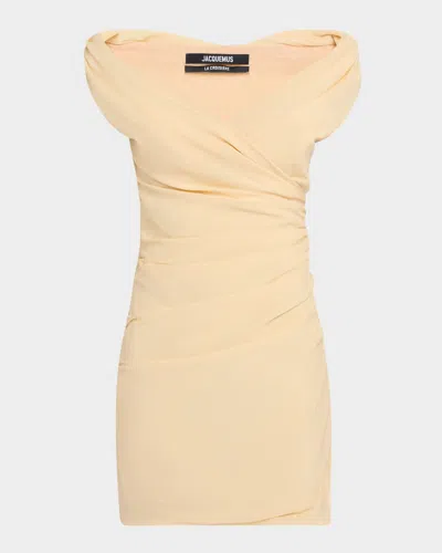 Jacquemus La Rita Draped Off-the-shoulder Mini Dress In Light Beige