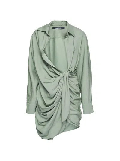 Jacquemus La Robe Bahia Asymmetric Mini Dress In Green