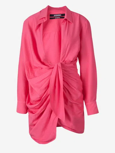 Jacquemus La Robe Bahia Draped Shirtdress In Pink