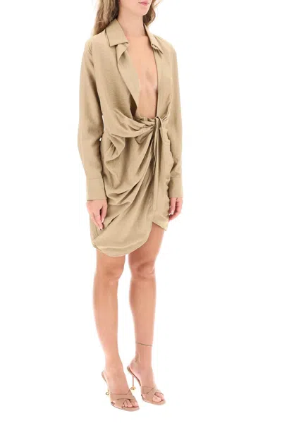 Jacquemus Beige Asymmetrical Dress With Draped Front And Nacre Buttons In Tan