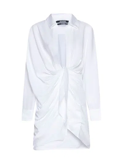 Jacquemus 'la Robe Bahia' White Short Draped Shirt Dress In Viscose Woman