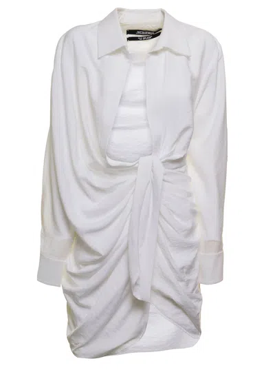 JACQUEMUS LA ROBE BAHIA WHITE SHORT DRAPED SHIRT DRESS IN VISCOSE WOMAN JACQUEMUS
